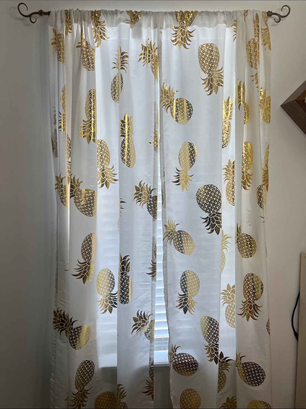 Gold Pineapple Sheer Curtain Panel - White & Gold Tropical Drapery